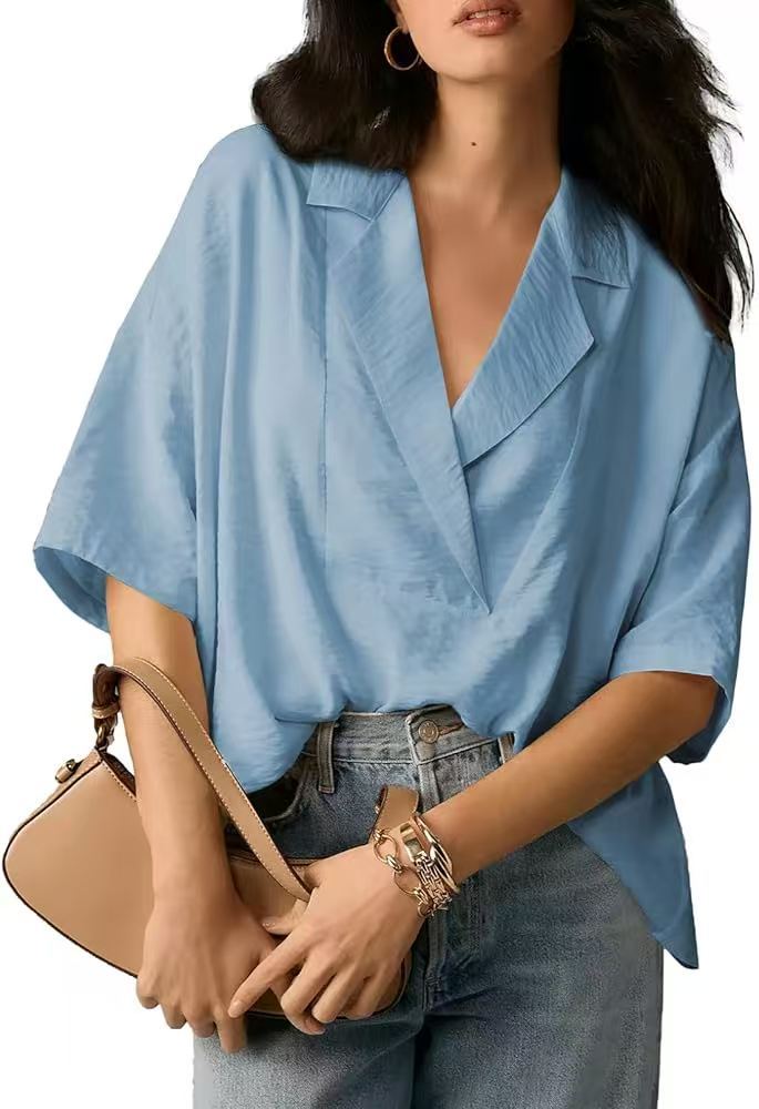 Women Fashion Casual Solid Color Lapel Short-Sleeve Loose Crop Top
