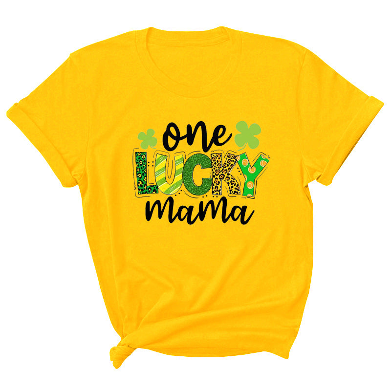 Camiseta informal de manga corta con cuello redondo y estampado de letras "One Lucky Mama" para mujer
