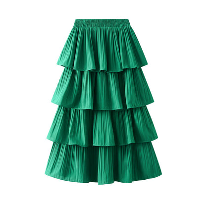 Women Casual Solid Color Stitching Pleated Skirt
