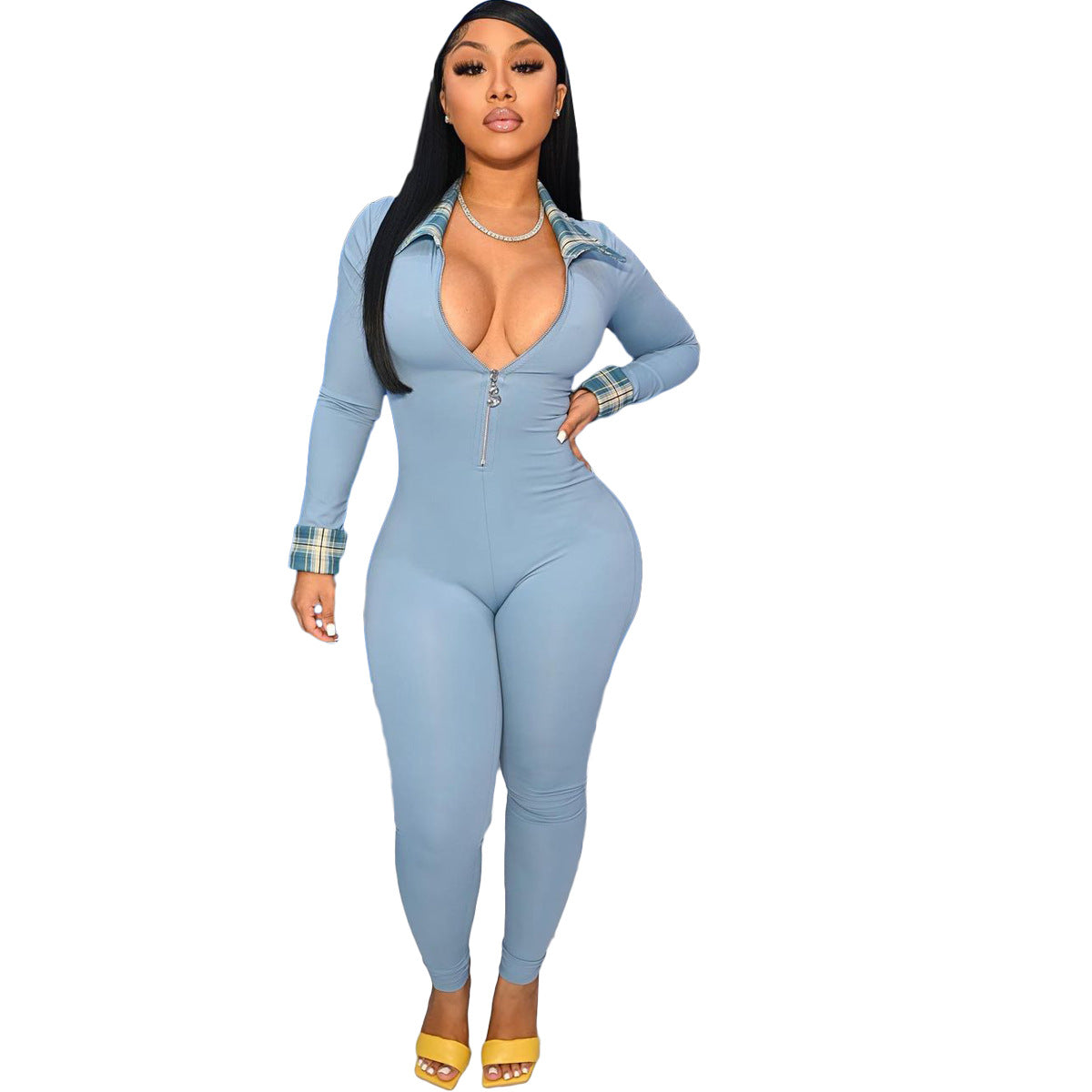 Women Stitching Lapel Zipper Long Sleeve Slim Fit Casual Jumpsuit