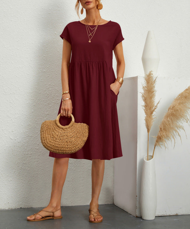 Fashion Summer Women'S Round Neck Solid Color Casual Short Sleeve Dress
