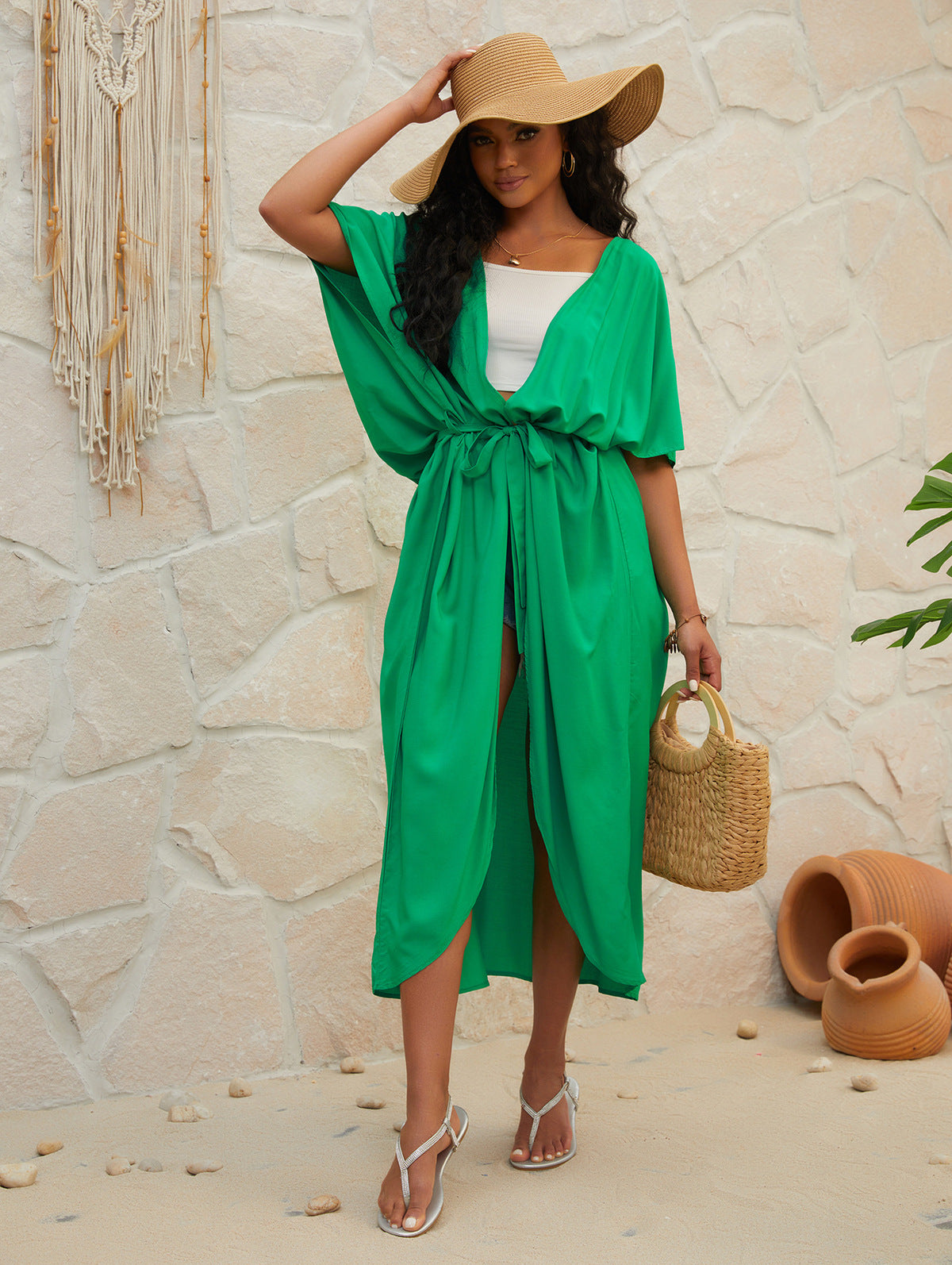 Traje de baño de bikini holgado de color liso informal de verano para mujer, protección solar
