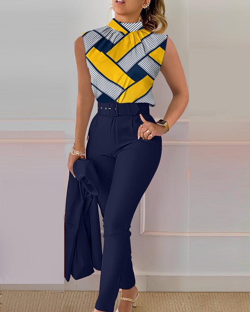Women Fashion Casual Geometric Floral Printed Vest Casual Pants Two-Piece Set Without Jacket