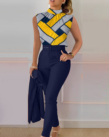 Women Fashion Casual Geometric Floral Printed Vest Casual Pants Two-Piece Set Without Jacket