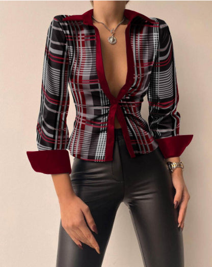 Blusa informal de manga larga con cuello en V y solapa para mujer