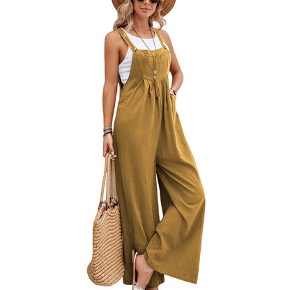 Women Solid Color Casual Wide Leg Suspender Jumpsuits