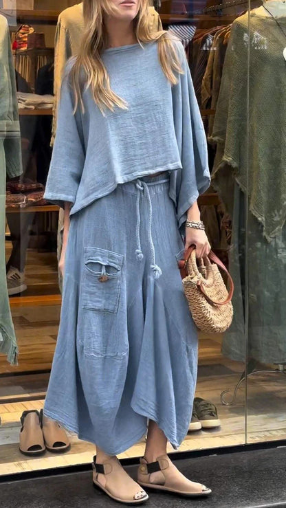 Conjunto de dos piezas para mujer, informal, de color liso, holgado, de manga larga, con falda irregular y cordones