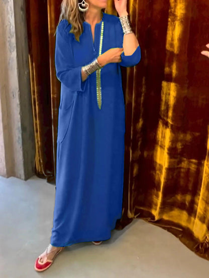 Vestido largo informal de oficina con bolsillos y escote en V, manga corta, holgado y elegante, de color liso, para mujer