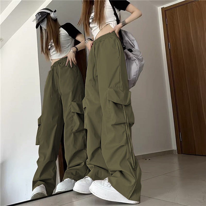 Women Casual Solid Color Pocket High Waist Straight Cargo Pants