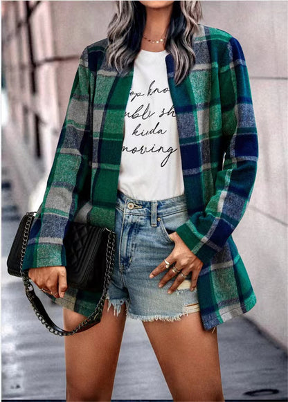 Chaqueta de punto de manga larga con bolsillo y estampado a cuadros holgado e informal de invierno para mujer