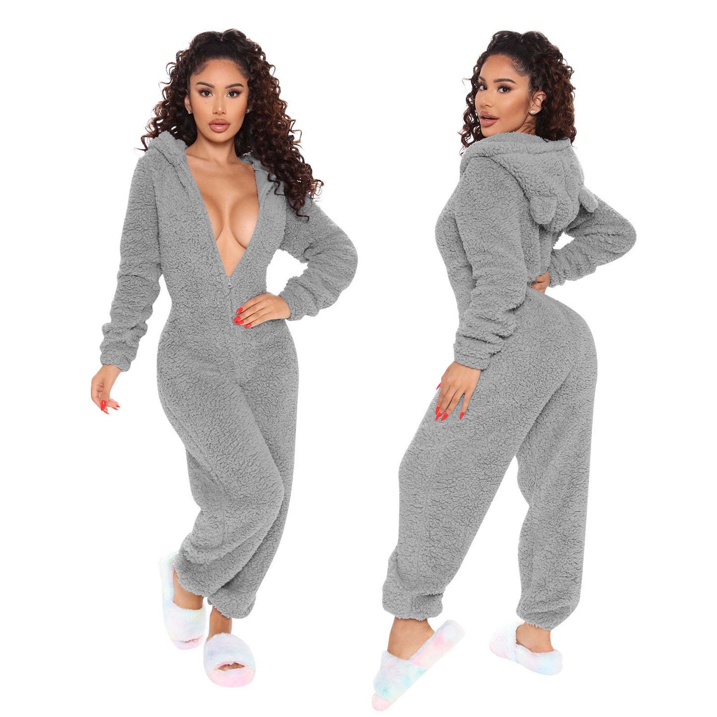 Women Long Sleeve Hooded Plush Casual Jumpsuits Pajamas