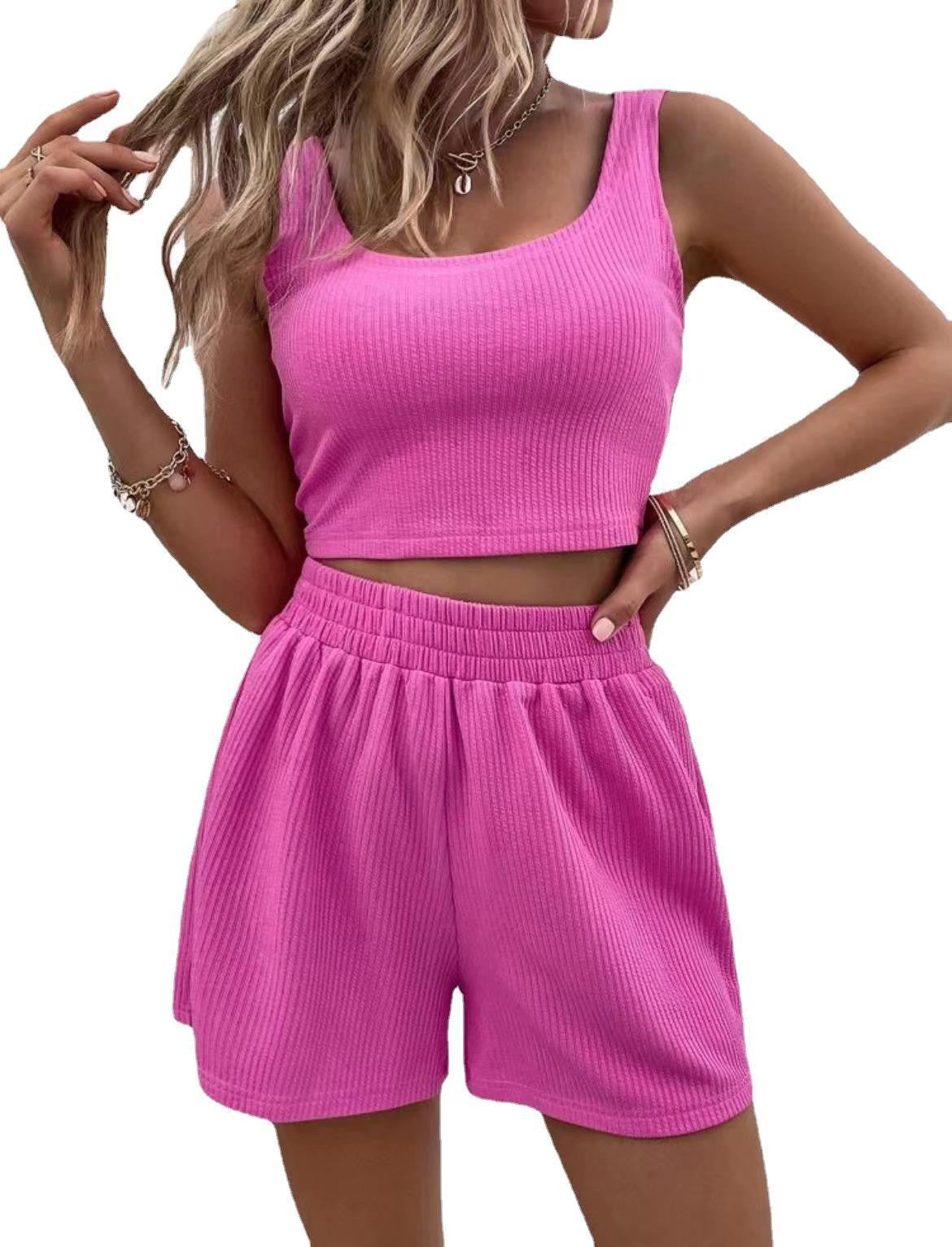 Conjunto básico de punto acanalado de color liso para mujer, moda informal deportiva, vacaciones de verano, camiseta sin mangas, pantalones cortos sueltos