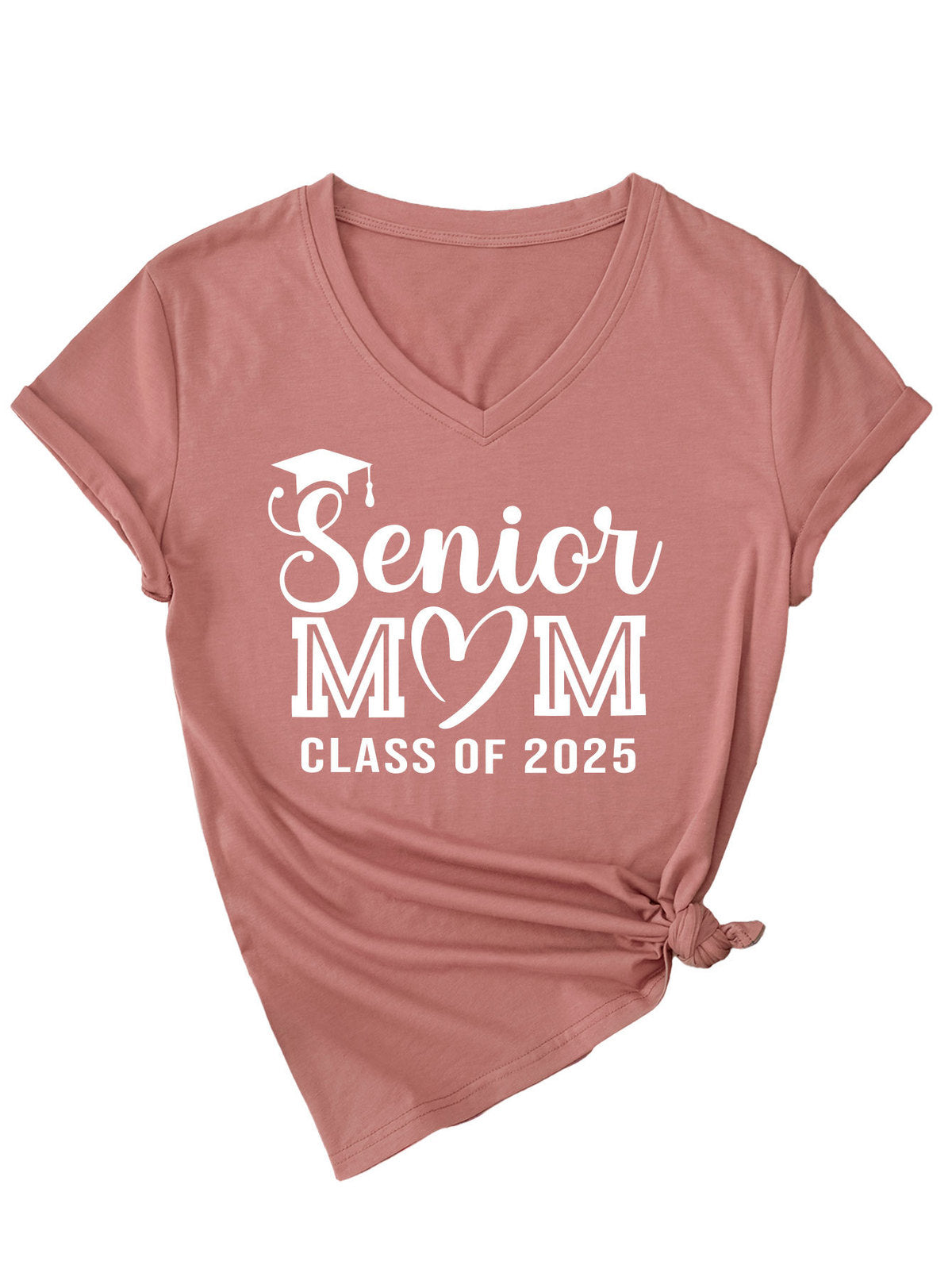 Camiseta informal de verano para mujer, color liso, con estampado de letras Mom, cuello en V y manga corta 2025