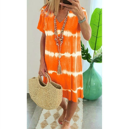 Women Casual Tie Dye Short Sleeve Summer V Neck Loose Bohemian Beach Dress