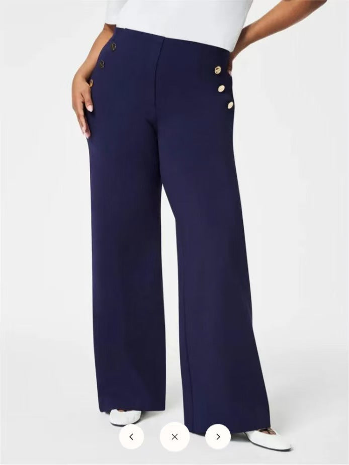 Women Fashion Casual High Waist Button Elastic Straight Pants