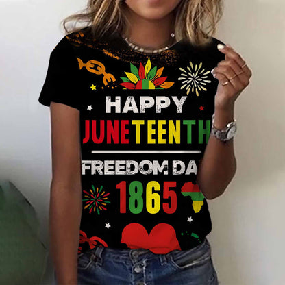Camiseta informal de manga corta con cuello redondo para mujer, con estampado digital 3D del Día de la Liberación Negra de Juneteenth