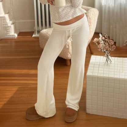 Women Fashion Casual Stripe High-Waist Lace-Up Loose Pants