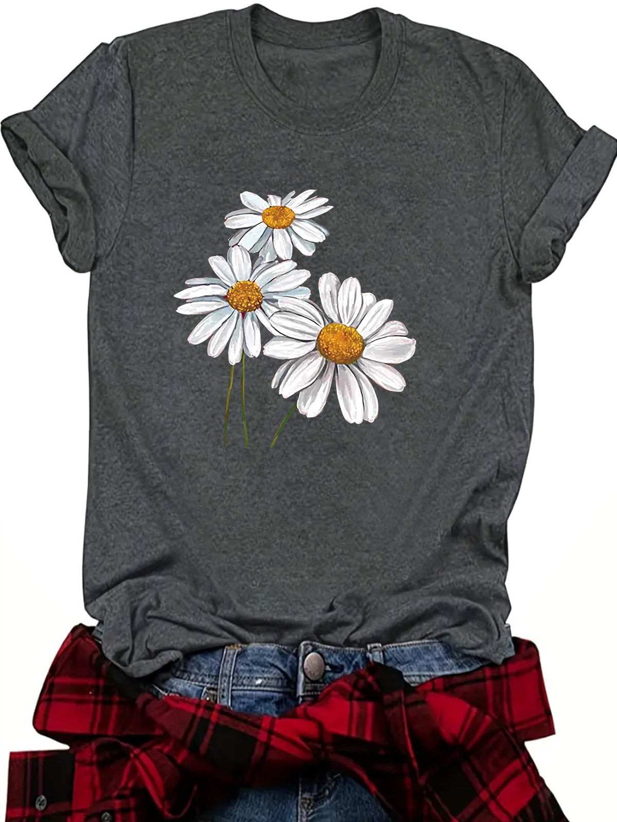 Camiseta informal de manga corta con cuello redondo y estampado de flores para mujer