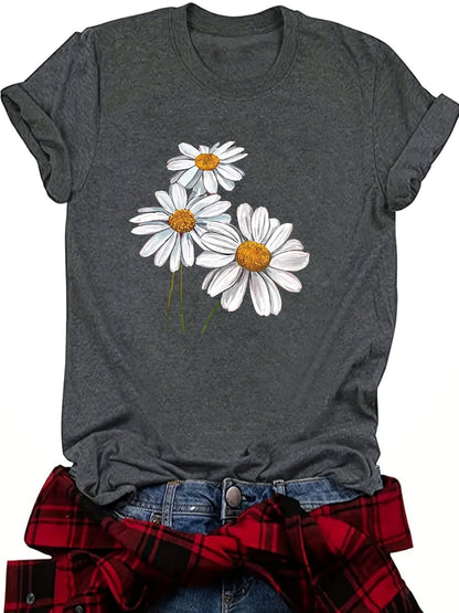 Camiseta informal de manga corta con cuello redondo y estampado de flores para mujer