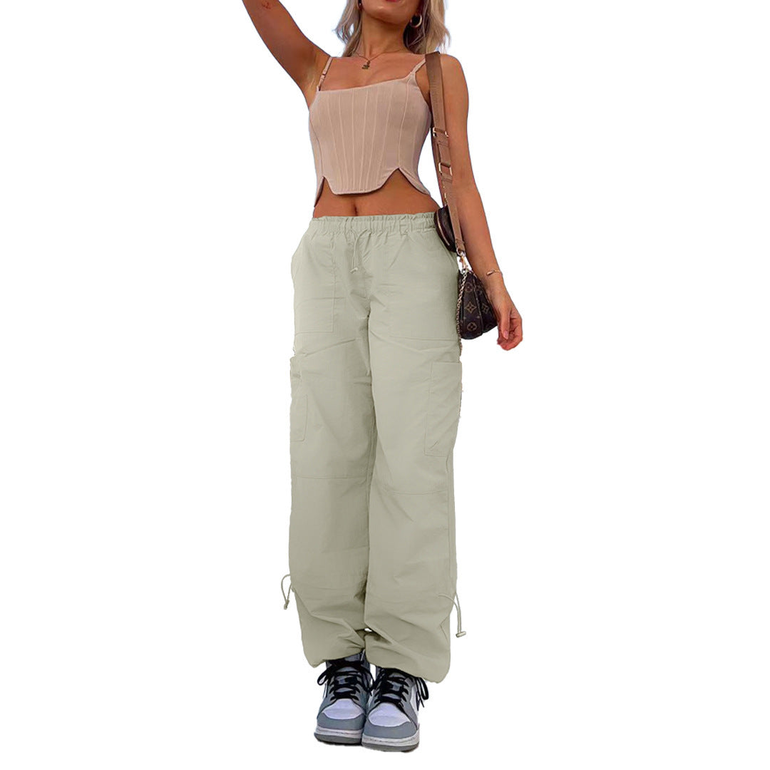 Plus Size Fashion Street Women Loose Strap Multi-Pocket Straight Work Casual Solid Color Cargo Jogger Pants