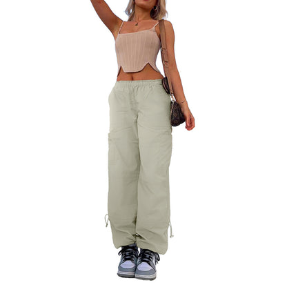 Plus Size Fashion Street Women Loose Strap Multi-Pocket Straight Work Casual Solid Color Cargo Jogger Pants