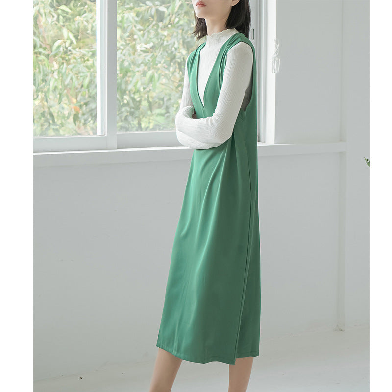 Women Casual Loose Solid Color Sleeveless V-Neck Over-The-Knee Pocket Dress