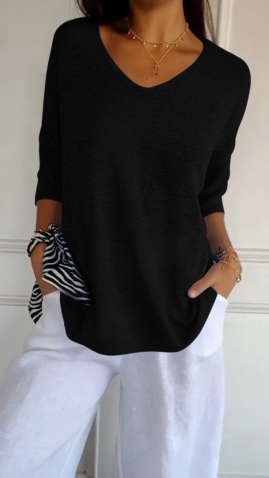 Women Fashion Casual V-Neck Solid Color Knit Sweater