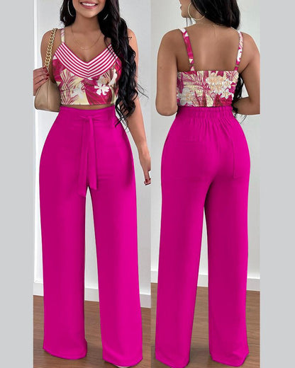 Conjunto de dos piezas para mujer, con top corto, pantalones holgados con cordones y estampado floral informal