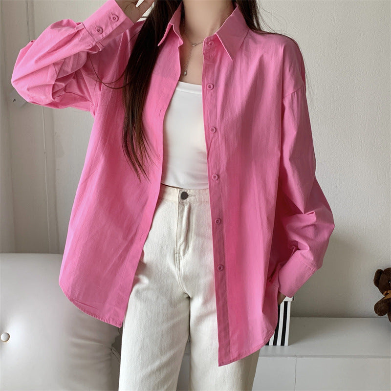Women Basic Casual Long-Sleeved Shirt Loose Mid-Length Office Blouse