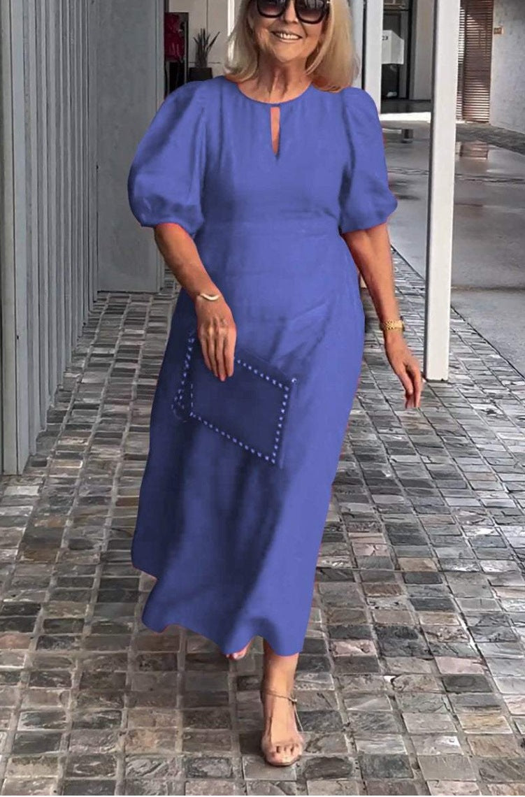 Plus Size Women Summer Solid Color Casual Crewneck Puff Sleeve Maxi Dress