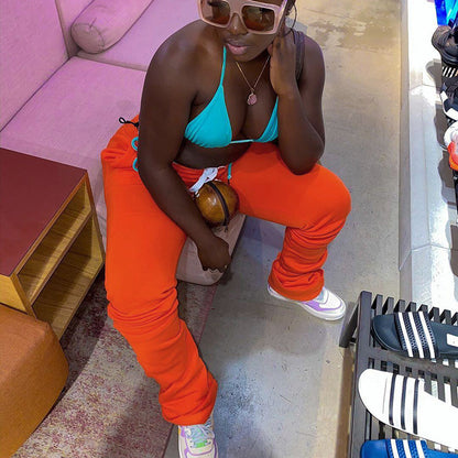 Clearance Sale Women Fashion Casual Elastic High Waist Gathered Drawstring Pile Pants