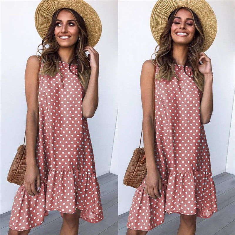 Women Bohemian Summer Polka Dot Sleeveless Ruffled Beach Mini Casual Sundress Fashion Dress