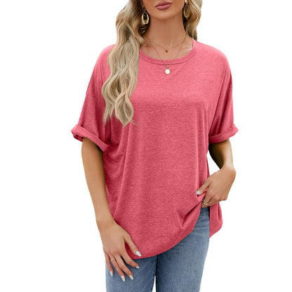 Camiseta informal de verano para mujer, color liso, cuello redondo y manga corta