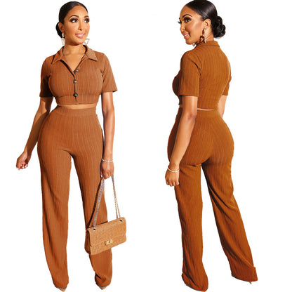 Conjunto de dos piezas de top corto de punto informal con solapa y manga corta para mujer