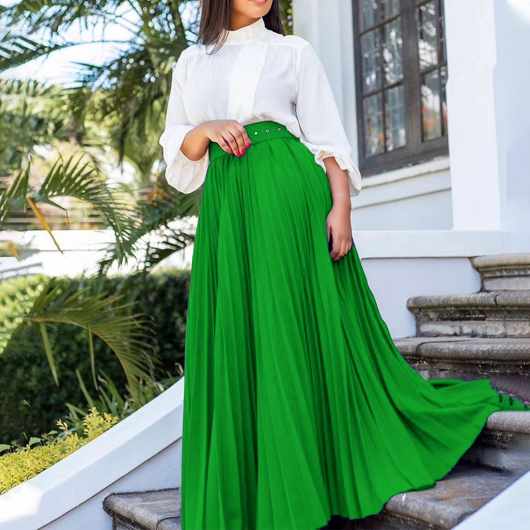 Women Solid Color High Waist Pleated Fashion Casual Loose Long Skirts