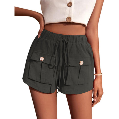 Women Summer Casual Pocket Loose Mid-Waist Drawstring Solid Color Cargo Shorts