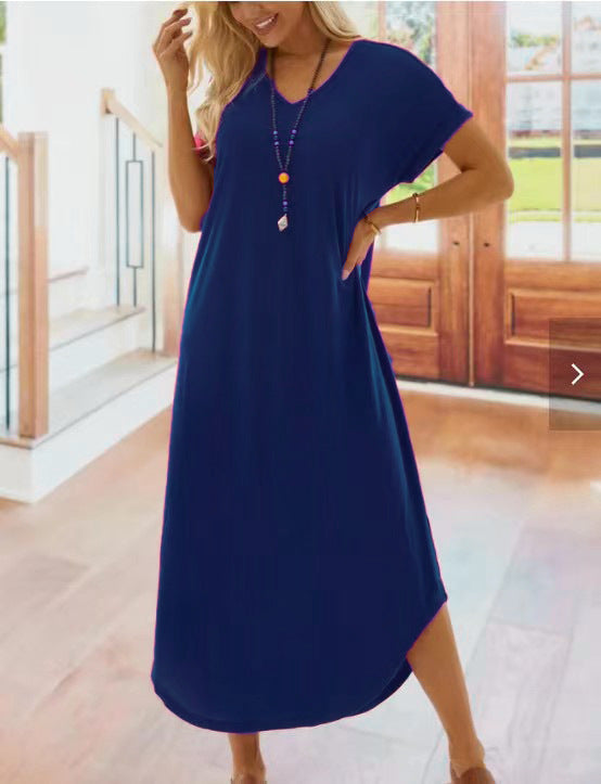 Women Casual Solid Color Short Sleeve V Neck Loose Maxi Dress