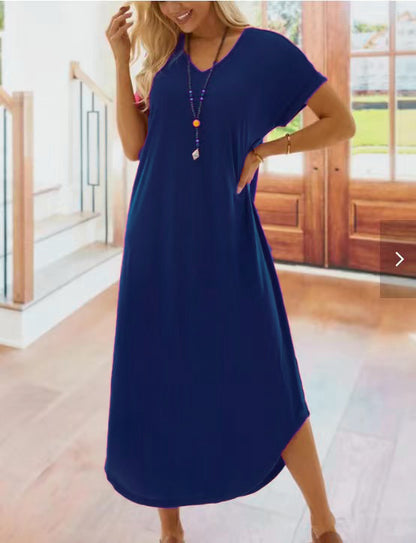 Women Casual Solid Color Short Sleeve V Neck Loose Maxi Dress