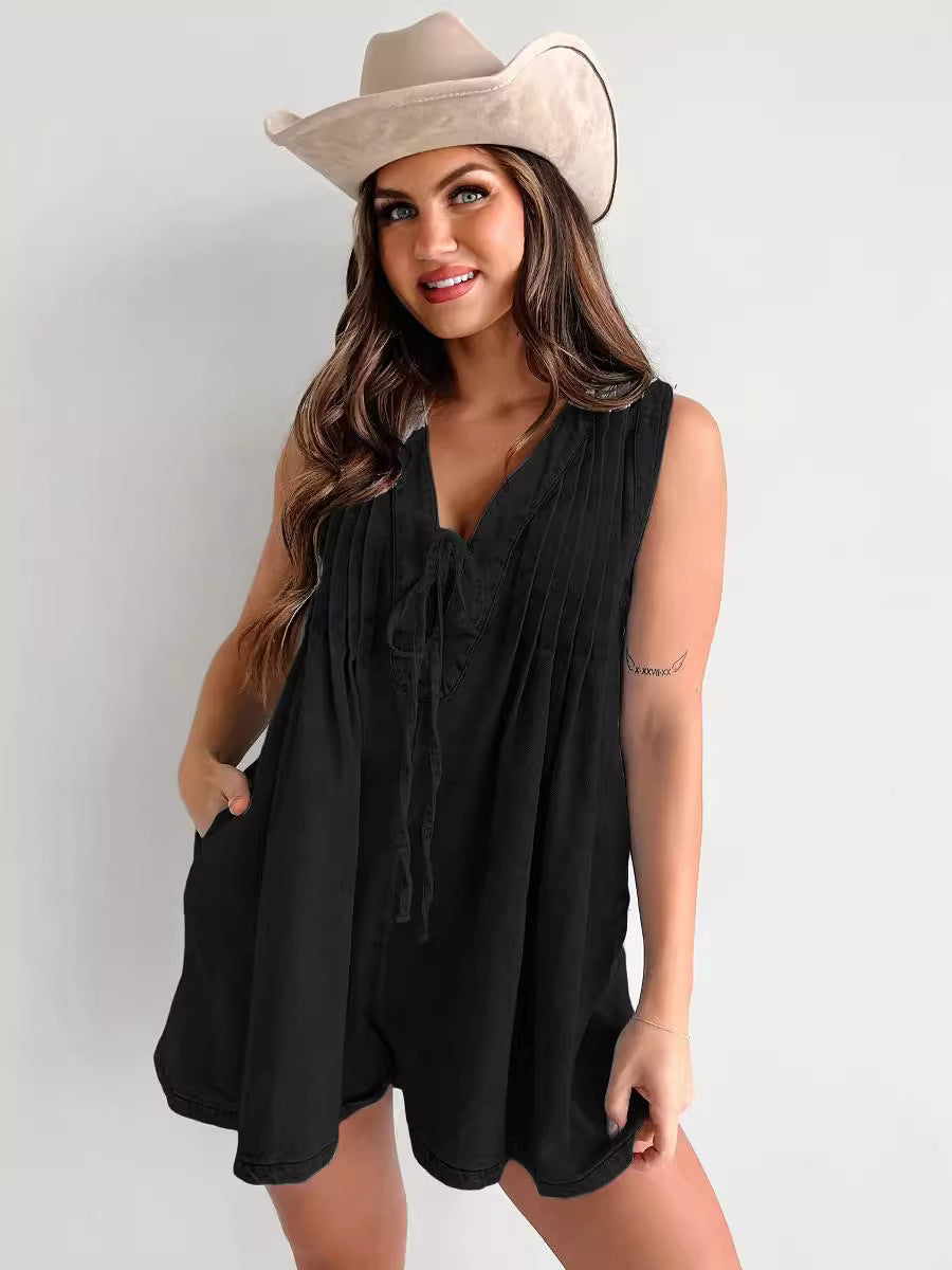 Women Fashion Casual Solid Color V-Neck Sleeveless Loose Denim Rompers