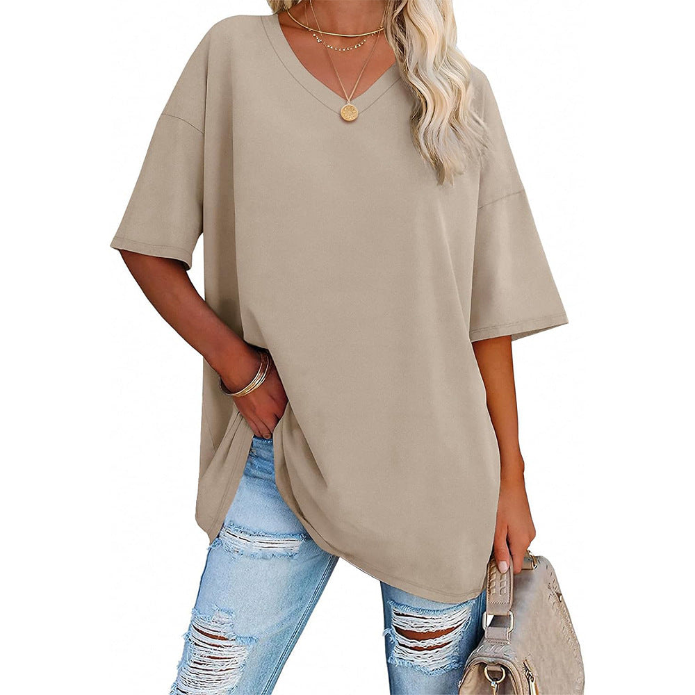 Camiseta informal holgada de color liso con cuello en V para mujer