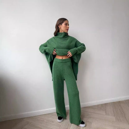 Conjunto de dos piezas formado por suéter y pantalón de punto, manga larga, cuello alto, holgado e informal, para mujer, otoño e invierno