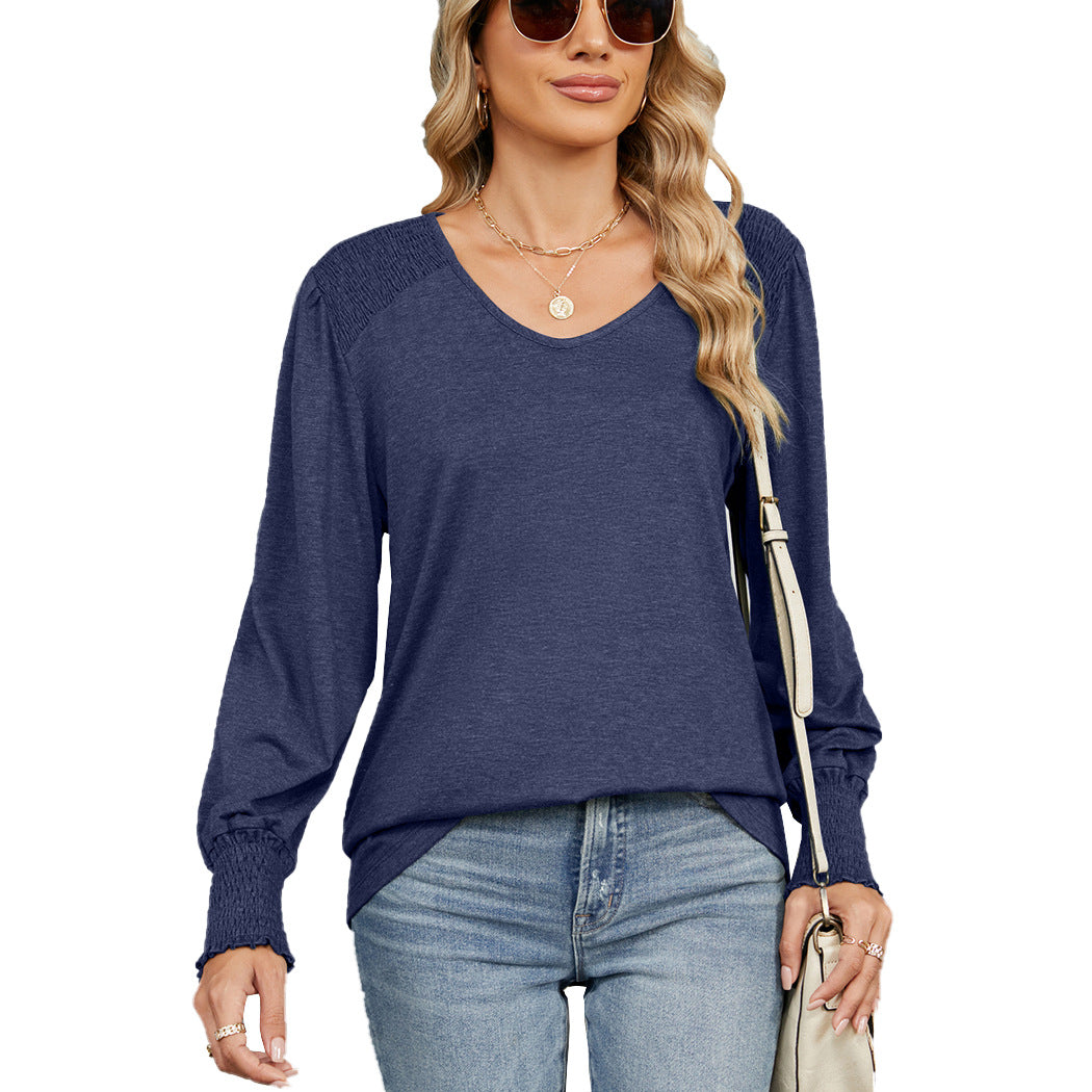 Camiseta informal holgada plisada de color liso con cuello en V y mangas farol para mujer