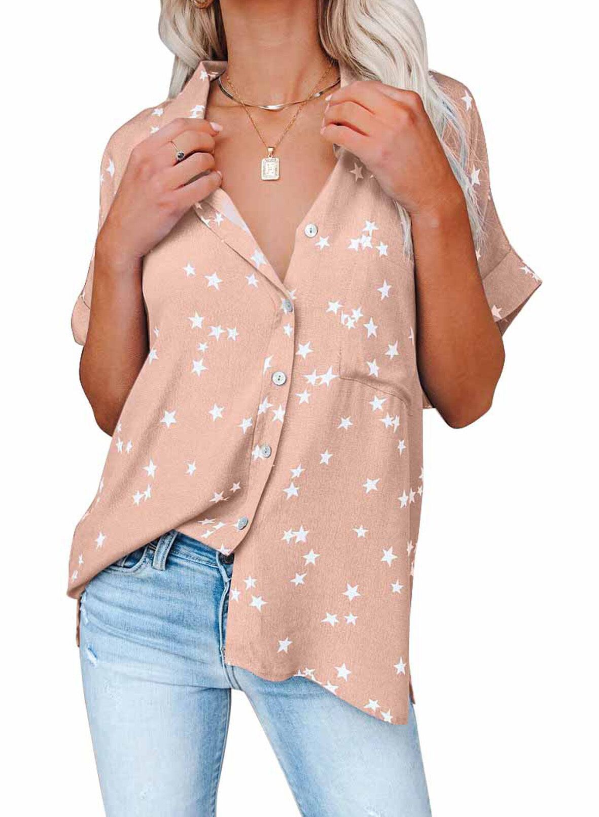Summer Casual Women Star Print V-Neck Bat Short Sleeve Shirt Blouse