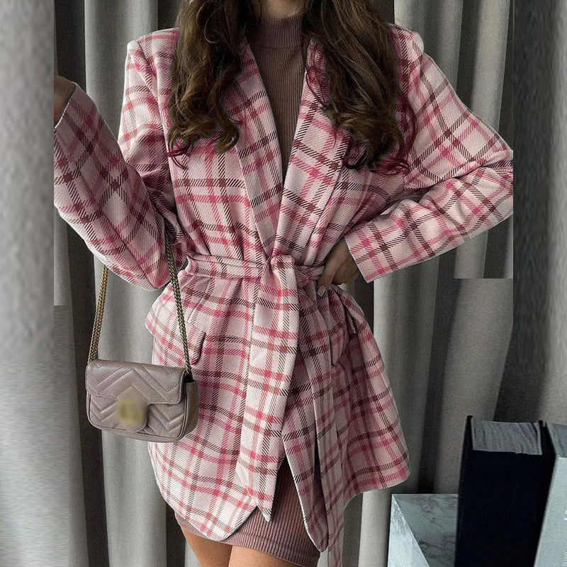 Chaqueta elegante de invierno holgada informal a cuadros con cordones y manga larga para mujer