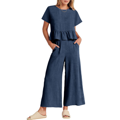 Conjunto de pantalón casual de manga corta con volantes de color liso para mujer