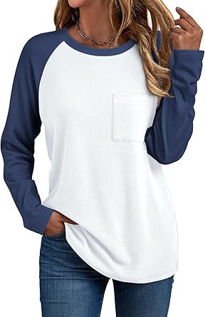 Camiseta informal de manga larga con cuello redondo y bolsillo para mujer
