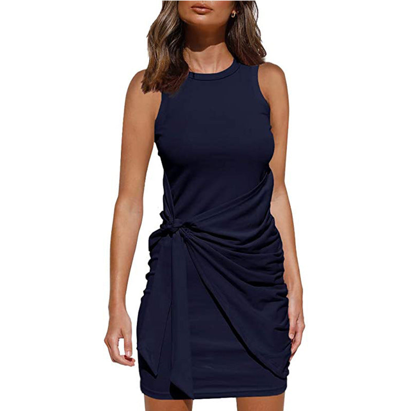 Vestido informal sin mangas con lazo de color liso a la moda para mujer