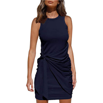 Vestido informal sin mangas con lazo de color liso a la moda para mujer