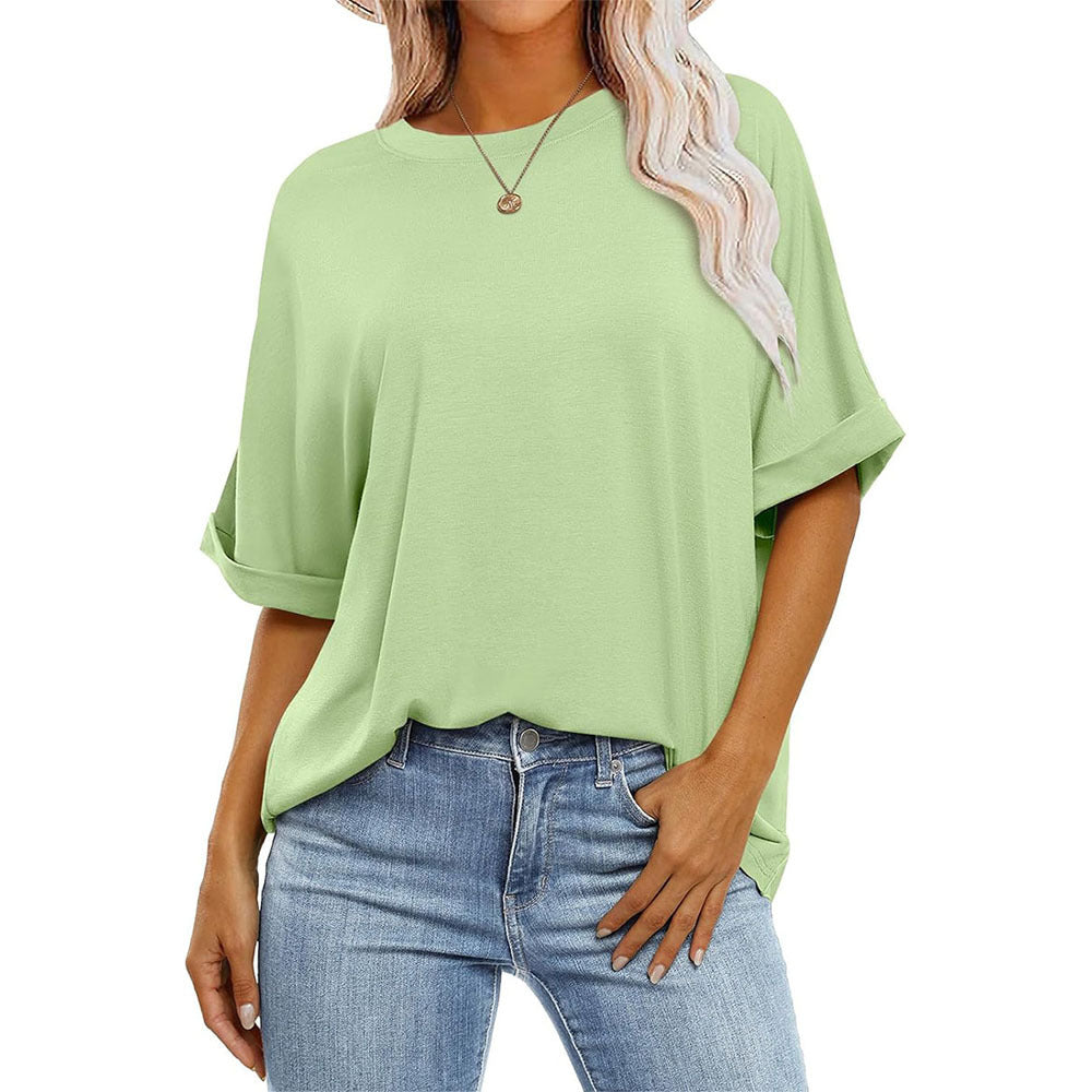 Women Casual Loose Solid Color Round Neck Short-Sleeve T-Shirt