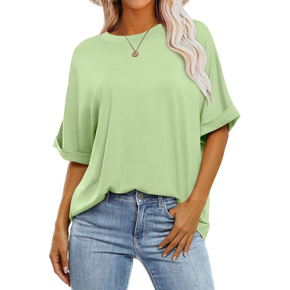 Women Casual Loose Solid Color Round Neck Short-Sleeve T-Shirt